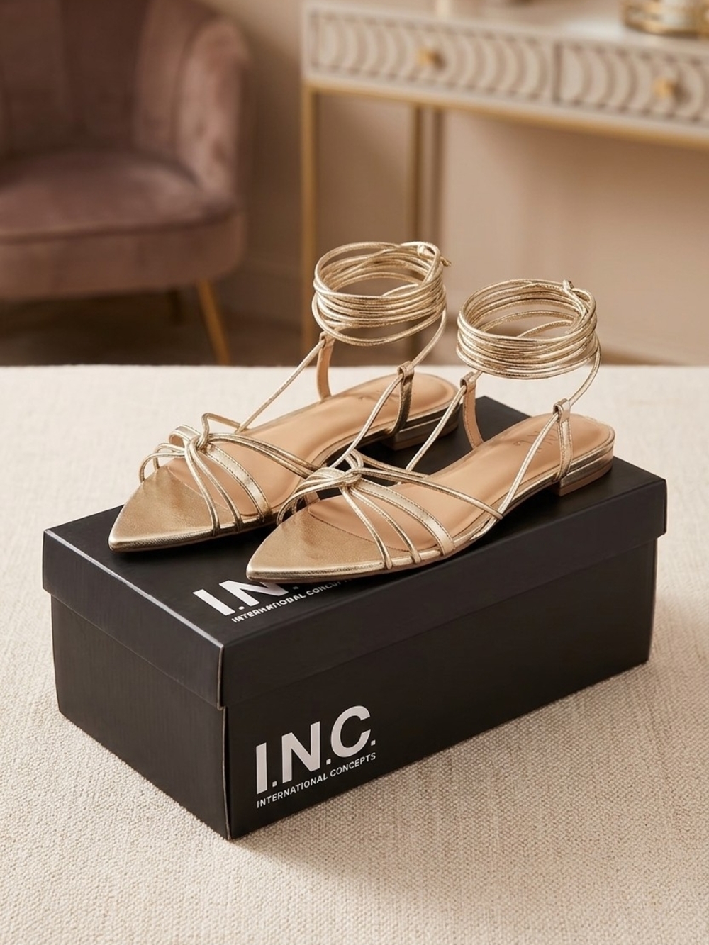 INC International Concepts Metallic Gold Strappy Ankle-Wrap Flat Sandals